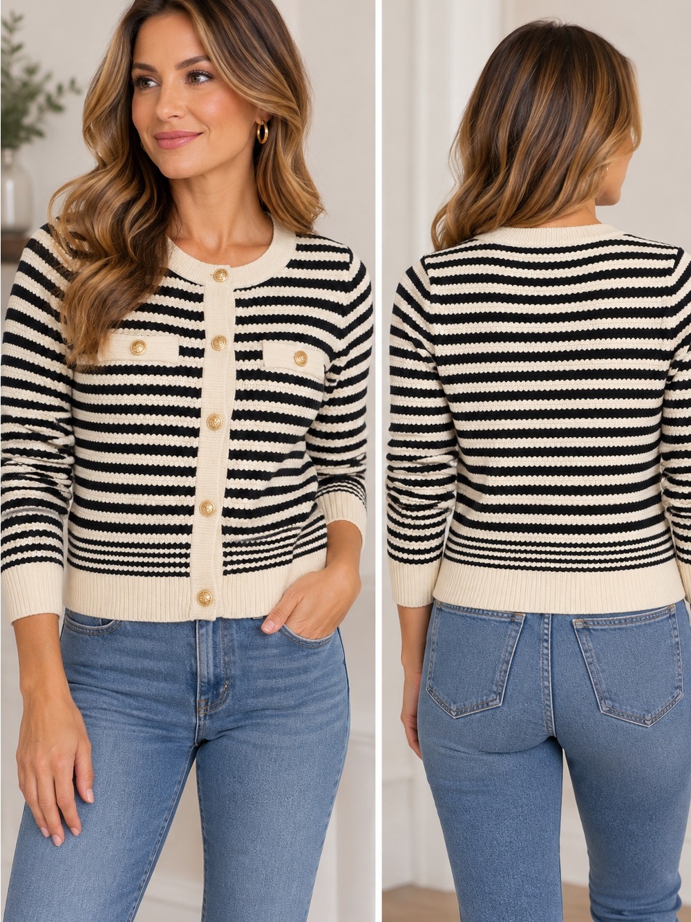 Adrianna Papell Black and Cream Striped Button-Front Cardigan